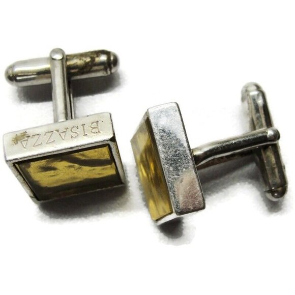 925 Sterling Silver Bisazza Yellow Marble Design Square Cufflinks Vintage - Picture 3 of 9